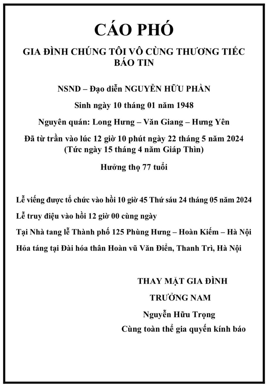 Tin tức mới nhất về tang lễ của Đạo diễn - NSND Nguyễn Hữu Phần