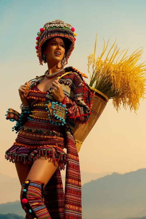 Lydie Vũ diện trang phục Thổ cẩm lấy cảm hứng từ Tây Bắc cho phần thi National Costume