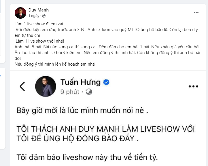 Sao Việt trực tiếp đến vùng lũ, Tuấn Hưng “thách thức” Duy Mạnh mở liveshow.