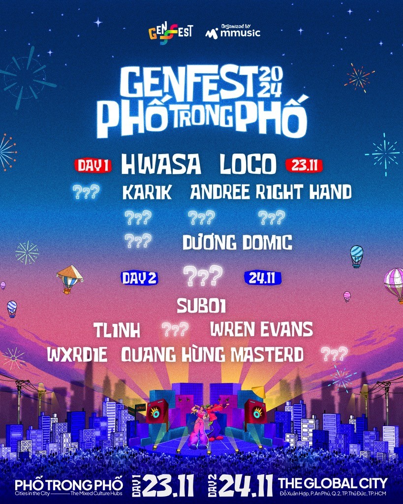 'GENfest 2024' công bố dàn line-up 'khủng': Hwasa, Loco, Suboi, Karik, Andree Right Hand, Wren Evans, tlinh, Quang Hùng MasterD, Dương Domic, Wxrdie