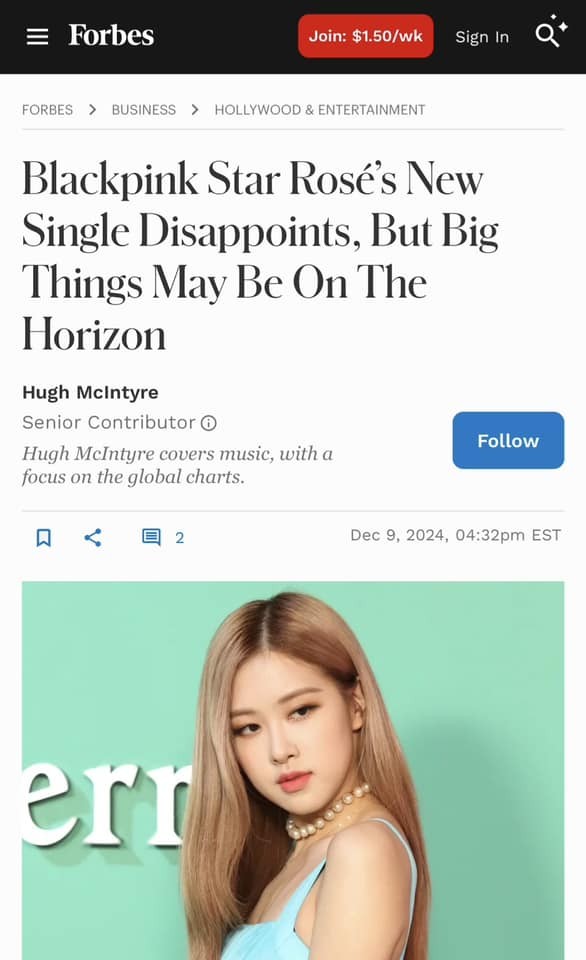 Đĩa đơn của Rosé (BlackPink) bị Forbes đánh giá 'thất vọng', người hâm mộ tức giận