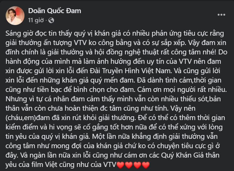 Doãn Quốc Đam lên tiếng xin lỗi, thông báo xin rút tên khỏi giải thưởng VTV Awards 2024