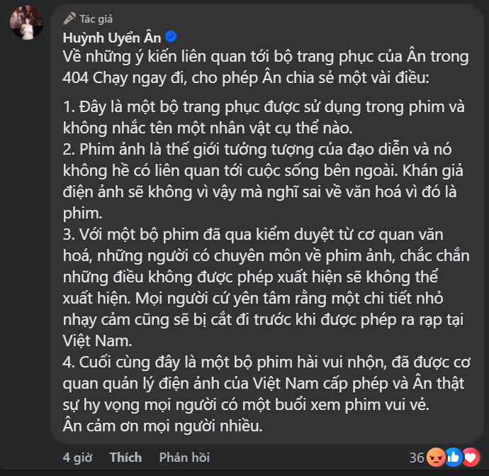 Uyển Ân lên tiếng trước ồn ào phục trang trong phim chiếu rạp '404 Chạy ngay đi'