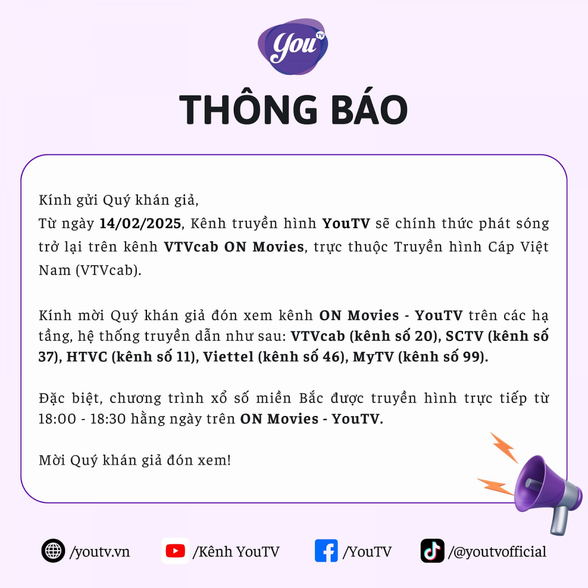 YouTV chính thức phát sóng trở lại trên kênh VTVcab ON Movies