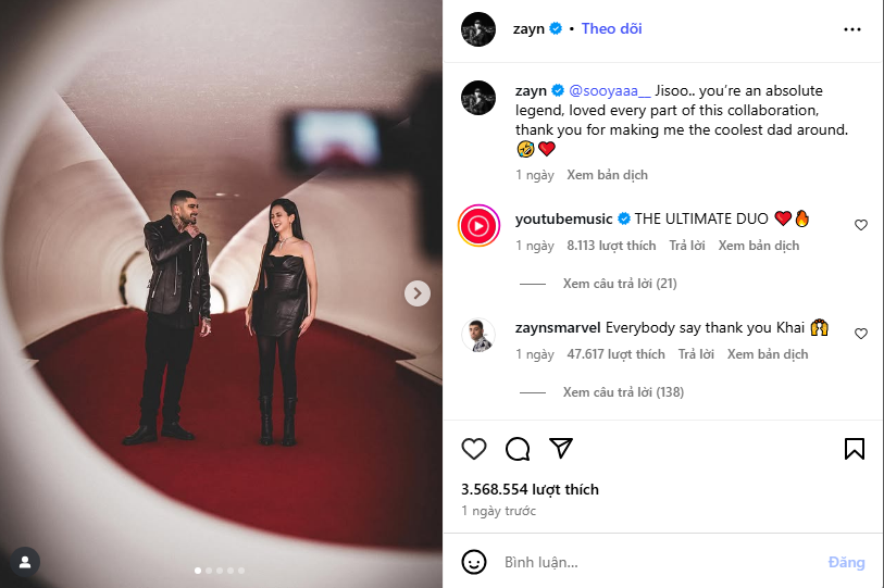 Zayn Malik cảm ơn Jisoo (BlackPink) 'giúp anh trở thành người cha tuyệt vời'