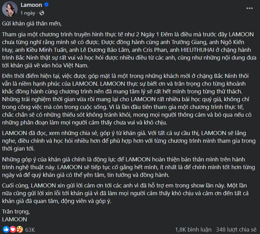 ‘Em Xinh’ Lamoon lên tiếng xin lỗi, dàn cast ‘2 ngày 1 đêm’ bênh vực