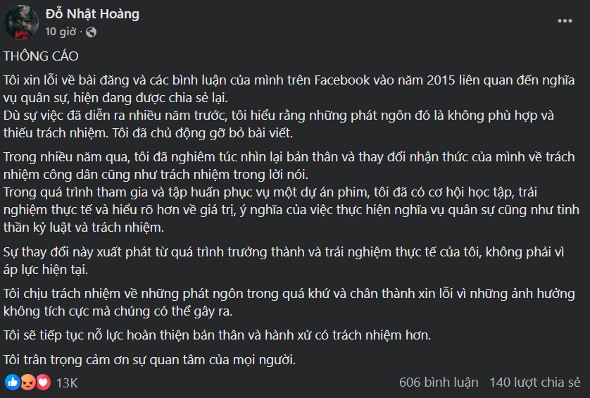 Nam diễn viên ‘Mưa đỏ’ xin lỗi về phát ngôn trong quá khứ