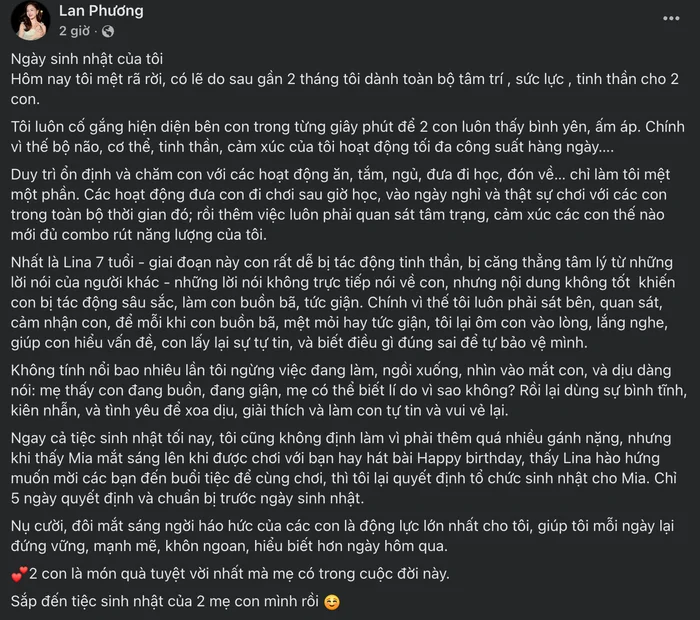 Lan Phương trải lòng về ngày sinh nhật đặc biệt và nguồn sức mạnh từ các con