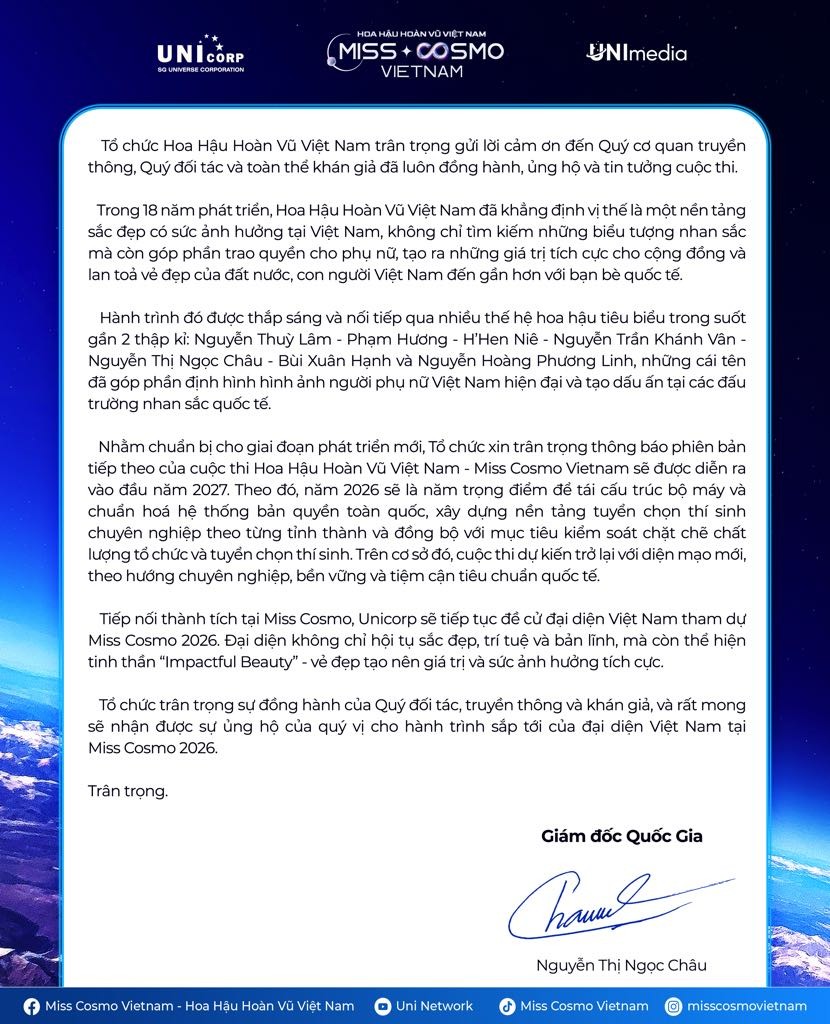 'Hoa hậu hoàn vũ Việt Nam - Miss Cosmo Vietnam' dự kiến khởi động mùa giải mới vào năm 2027