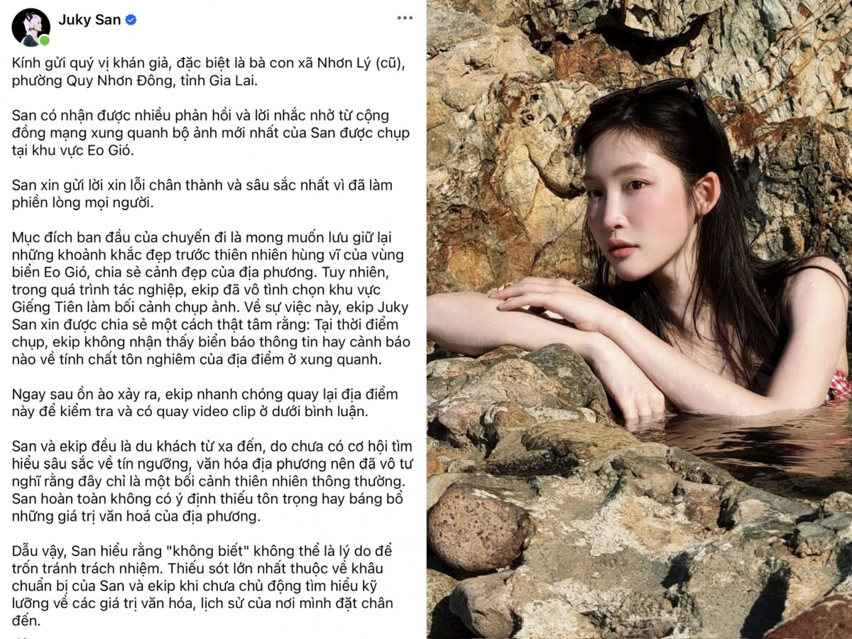 Ca sĩ Juky San lên tiếng xin lỗi sau 'làn sóng tranh cãi' vì chụp ảnh ngâm mình tại Giếng Tiên