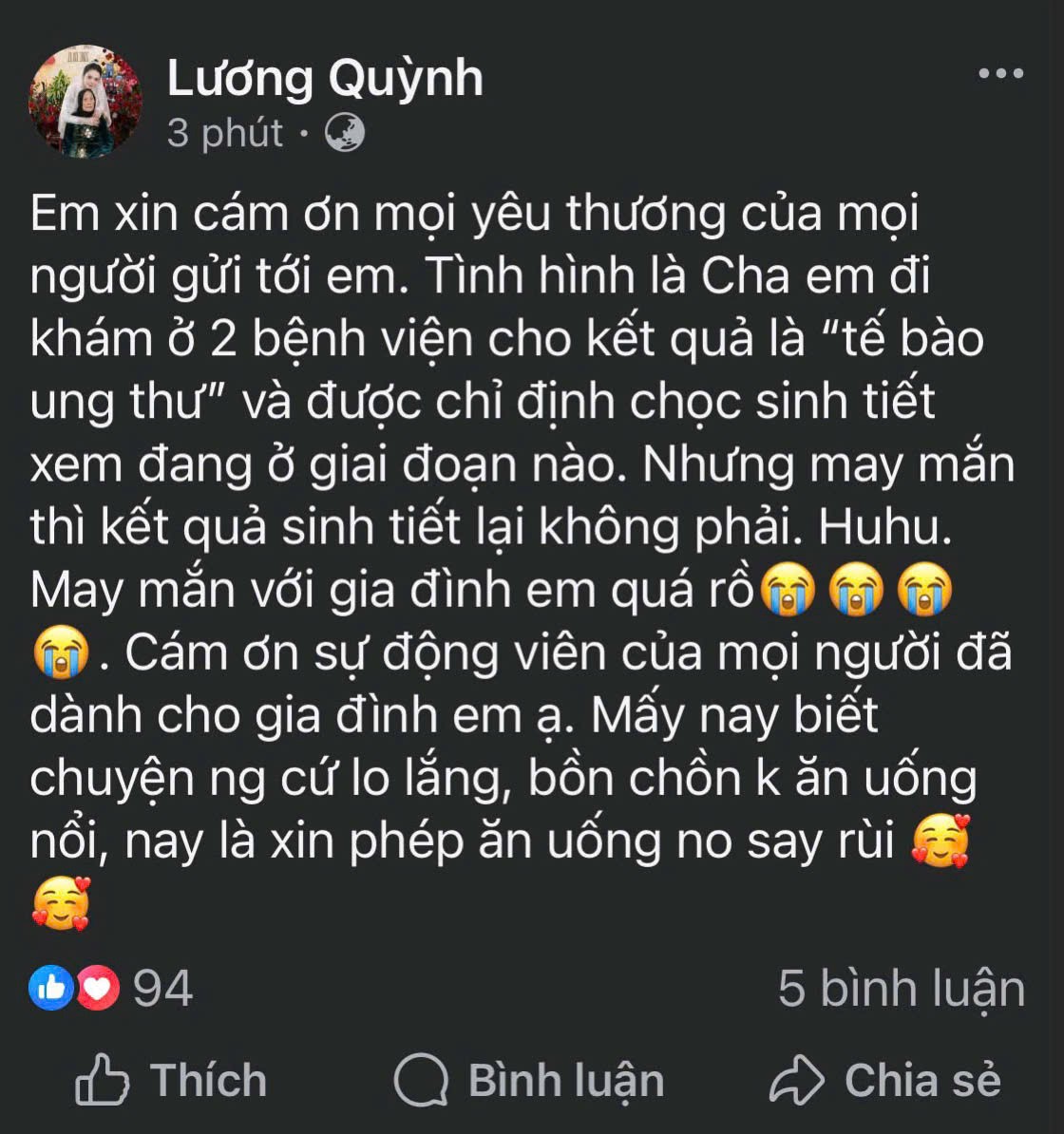 Quỳnh Lương vừa khiến người hâm mộ trải qua nhiều ‘cung bậc cảm xúc’ khi chia sẻ về tình trạng sức khỏe của cha mình