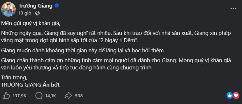 Trường Giang tạm vắng mặt tại ‘2 ngày 1 đêm’ sau loạt tranh luận