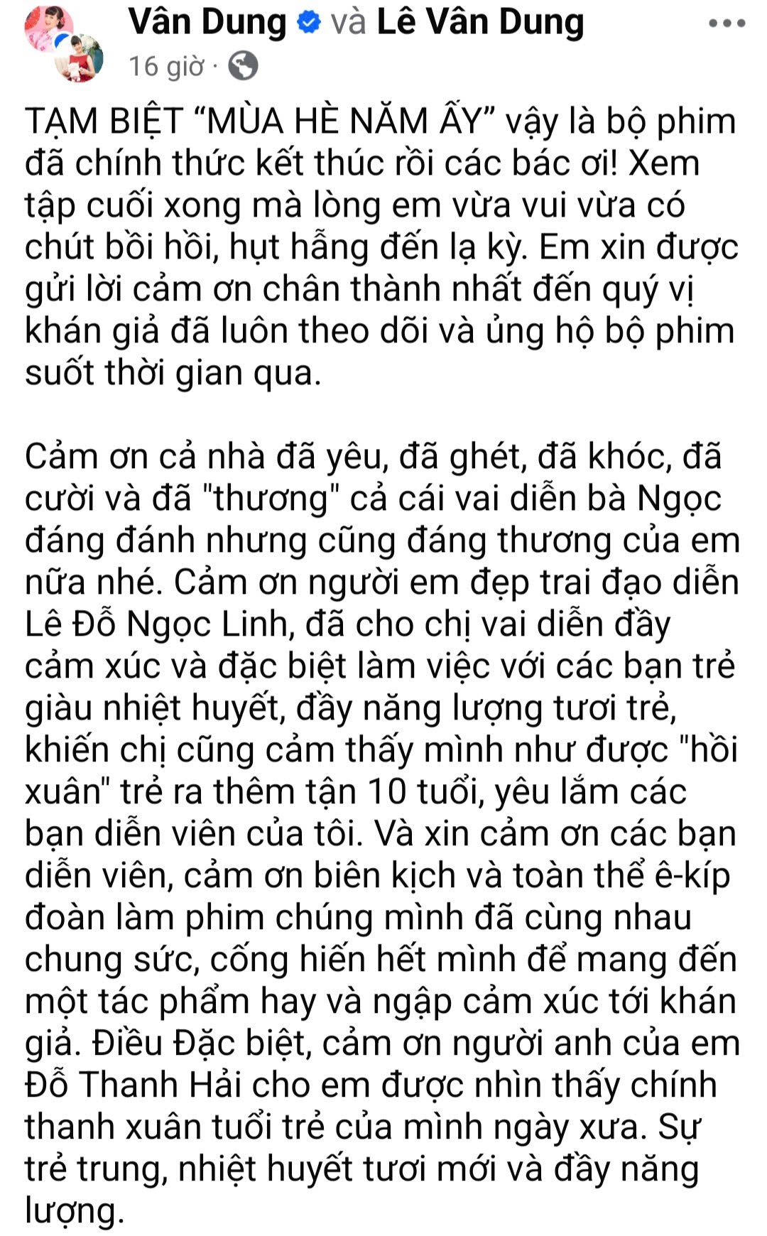 Vân Dung gửi lời chia tay khán giả sau 'Mùa hè năm ấy'
