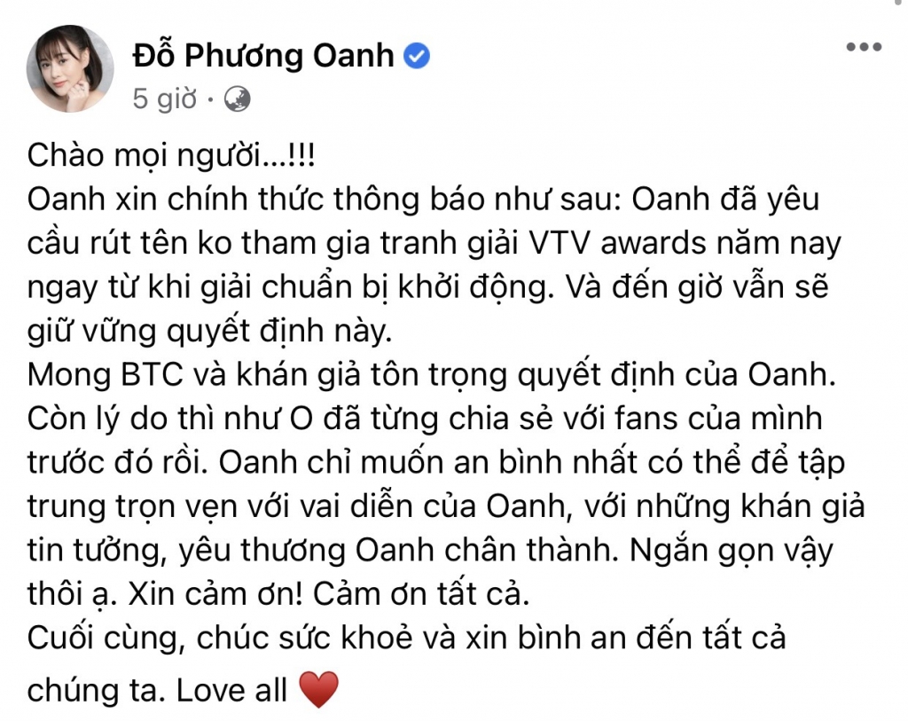 Phương Oanh của 'Hương vị tình thân' chủ động rút khỏi đề cử VTV Award