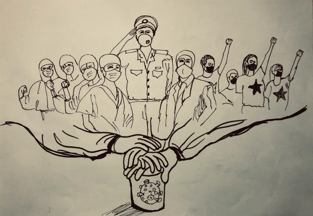 hoa si pham hong minh ve tranh co dong keu goi cong dong doan ket chong covid 19