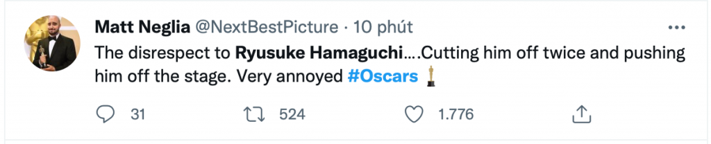Ryusuke Hamaguchi - Đạo diễn 'Drive my car' bị chen ngang khi đang phát biểu tại Oscar 2022