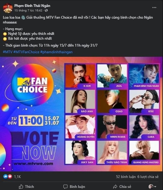 Tình hình cuộc đua giải 'MTV Fan Choice' những ngày đầu: K-ICM có số phiếu cách biệt, MV 'Chỉ còn một đêm' – Quang Hùng MasterD tạm dẫn trước