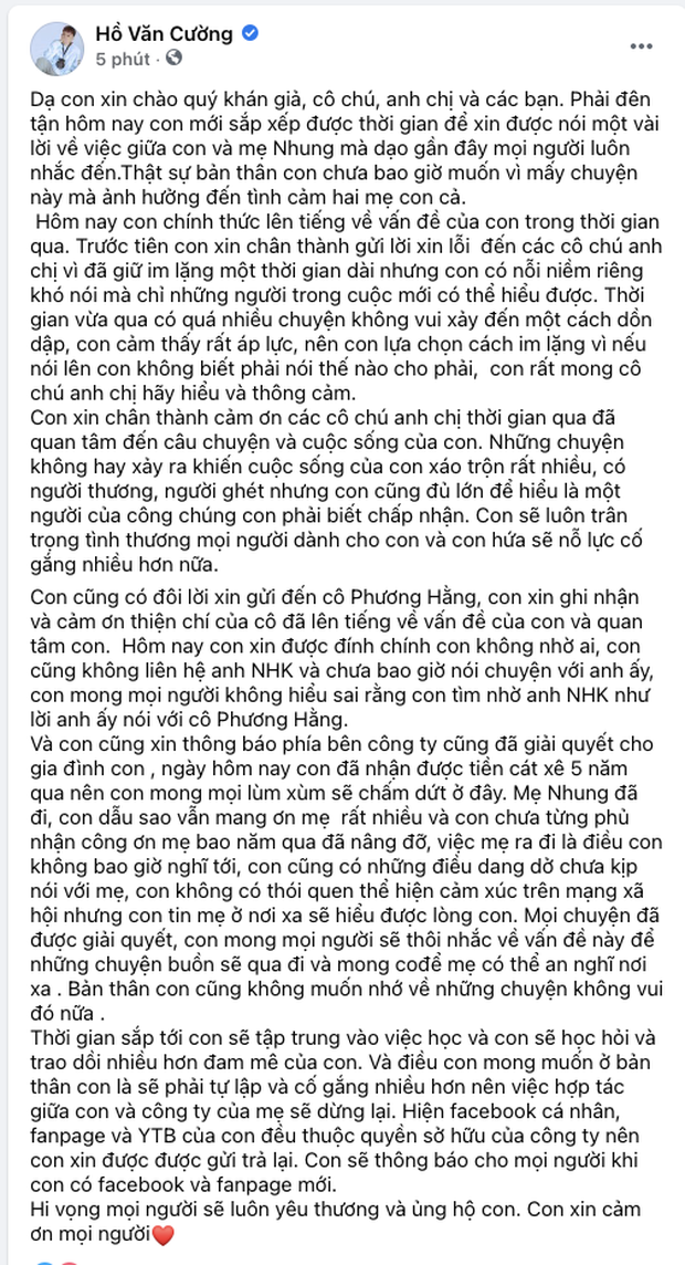 Hồ Văn Cường chính thức lên tiếng, thông báo dừng hợp tác với công ty quản lý và rời khỏi nhà mẹ nuôi Phi Nhung