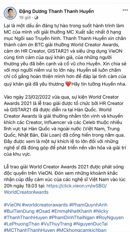 MC Thanh Thanh Huyền: Từ 3.000 chữ không vấp, 10 tiếng liên tục không kịch bản đến giải thưởng MC xuất sắc nhất tại World Creator Awards