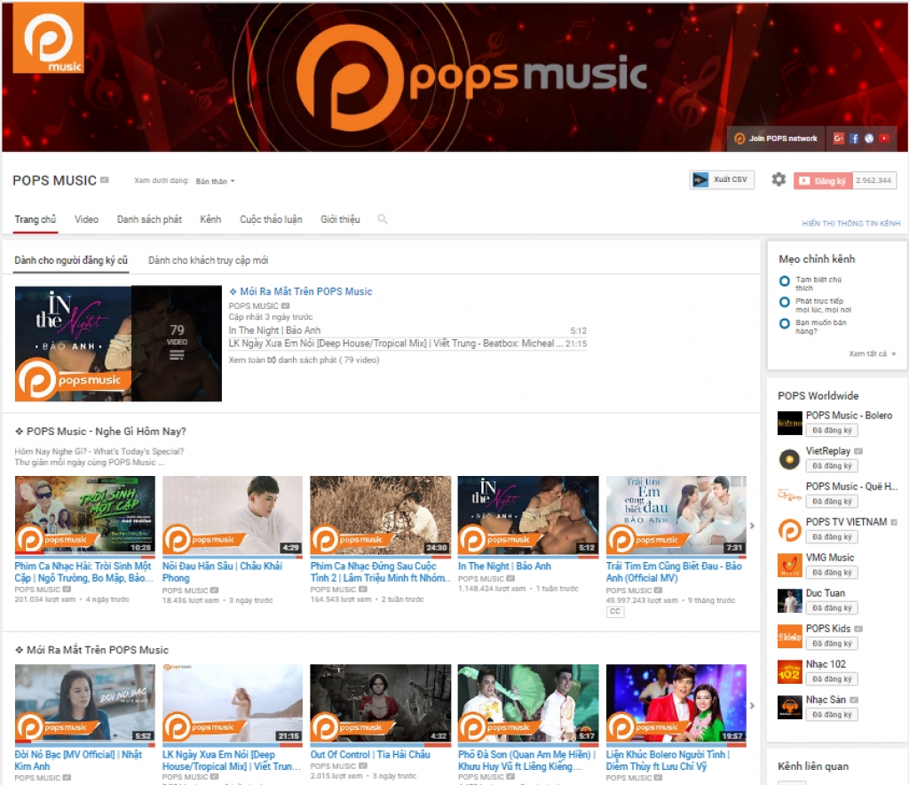 pops music dai dien duy nhat viet nam lot top 100 kenh youtube co luot xem nhieu nhat the gioi