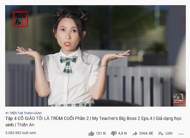 Thiên An chễm chệ top 1 trending Youtube với 'Cô giáo tôi là trùm cuối' phần 2