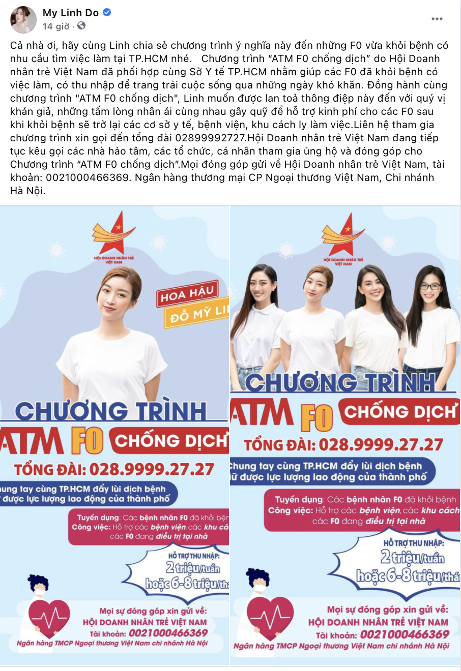 Đỗ Mỹ Linh, Trần Tiểu Vy, Lương Thùy Linh và Đỗ Thị Hà làm đại sứ 'ATM F0 chống dịch'