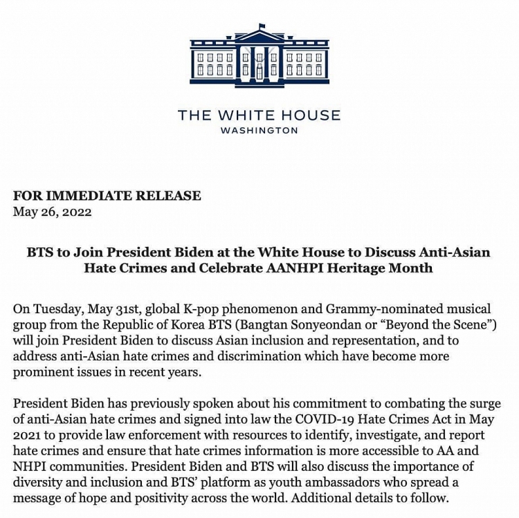 BTS vinh dự khi được mời đến Nhà Trắng để diện kiến Tổng thống Joe Biden
