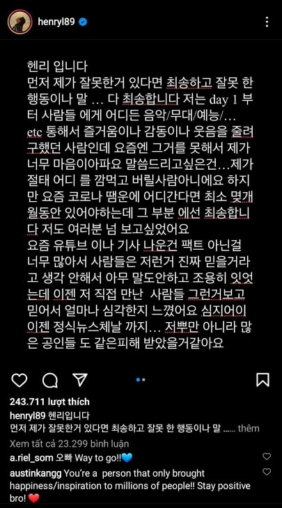 Henry (Lưu Hiến Hoa) gây tranh cãi với lời xin lỗi trên Instagram