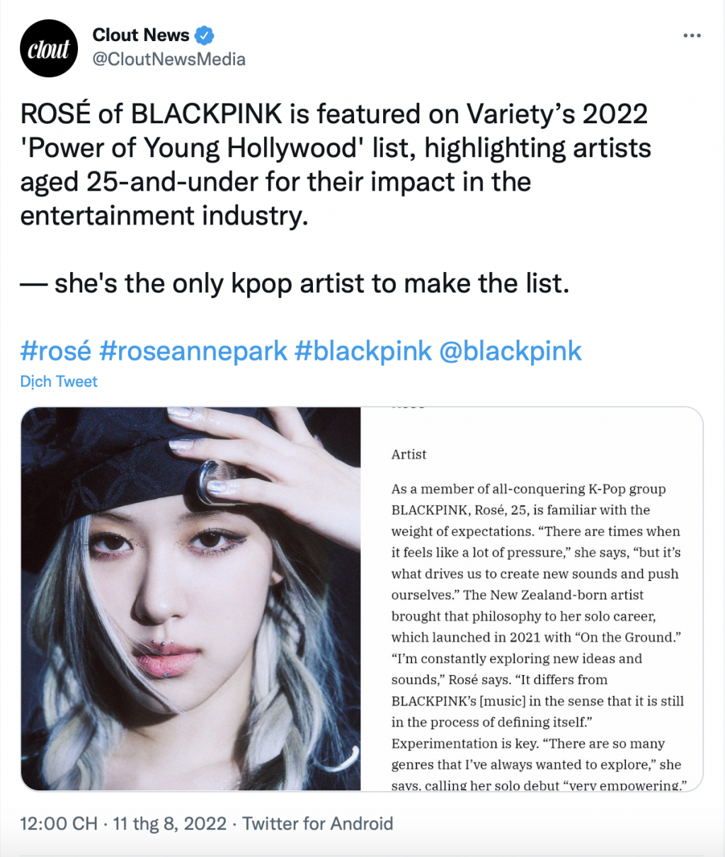 Rosé (BlackPink) là nghệ sĩ châu Á duy nhất góp mặt trong danh sách 'Sao trẻ quyền lực' của Variety