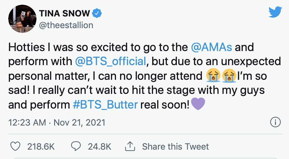 Megan Thee Stallion không thể trình diễn cùng BTS trên sân khấu AMAs