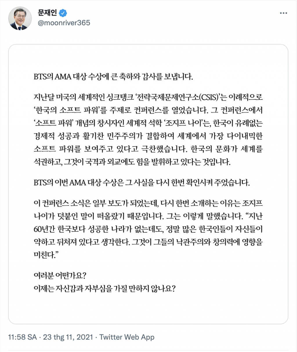 BTS nhận thư chúc mừng từ Tổng thống Hàn Quốc