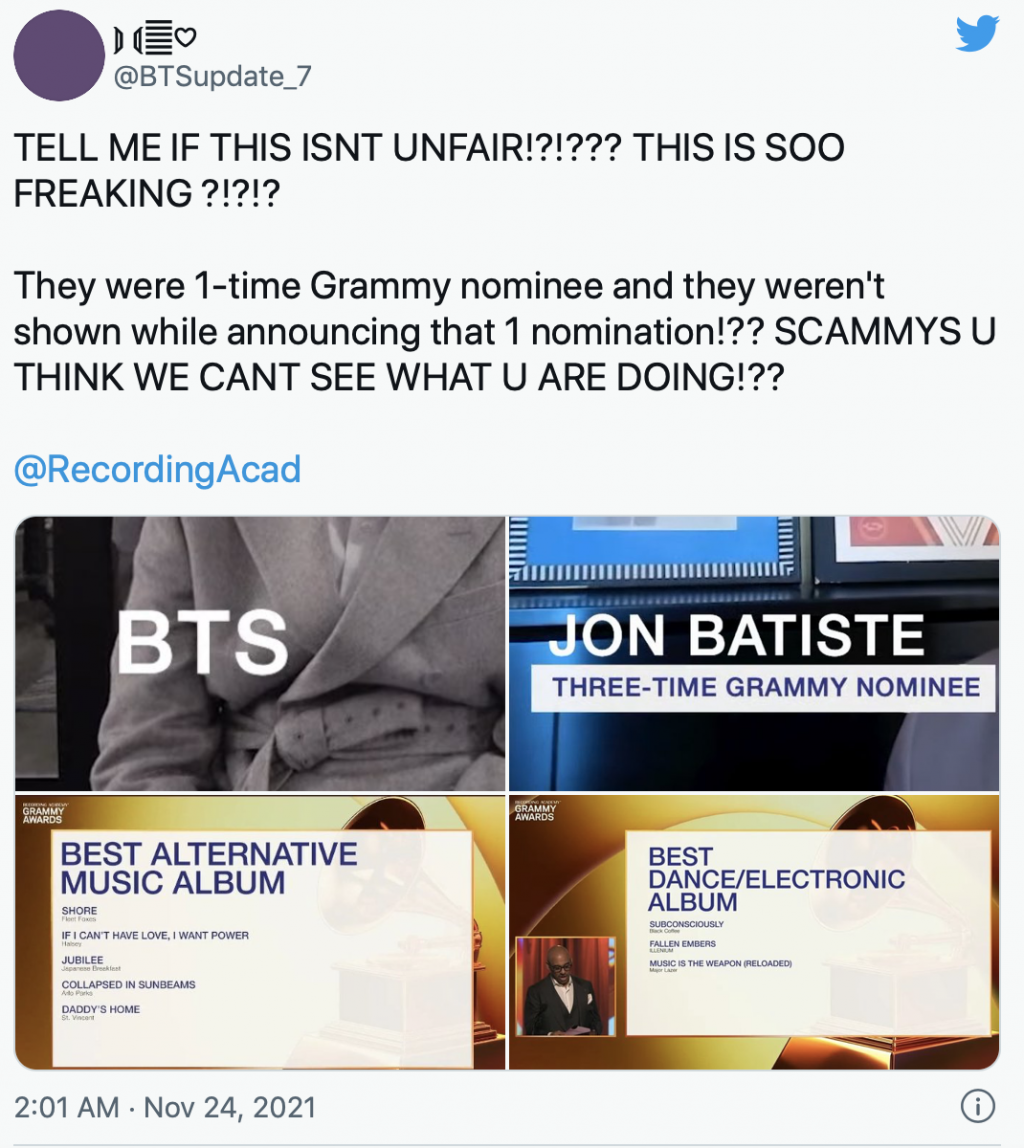 Netizen phẫn nộ trước nghi vấn BTS bị phân biệt đối xử ở sự kiện đề cử Grammy 2022
