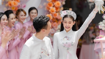 Hoa hậu Lê Âu Ngân Anh rạng rỡ trong ngày lễ Vu quy